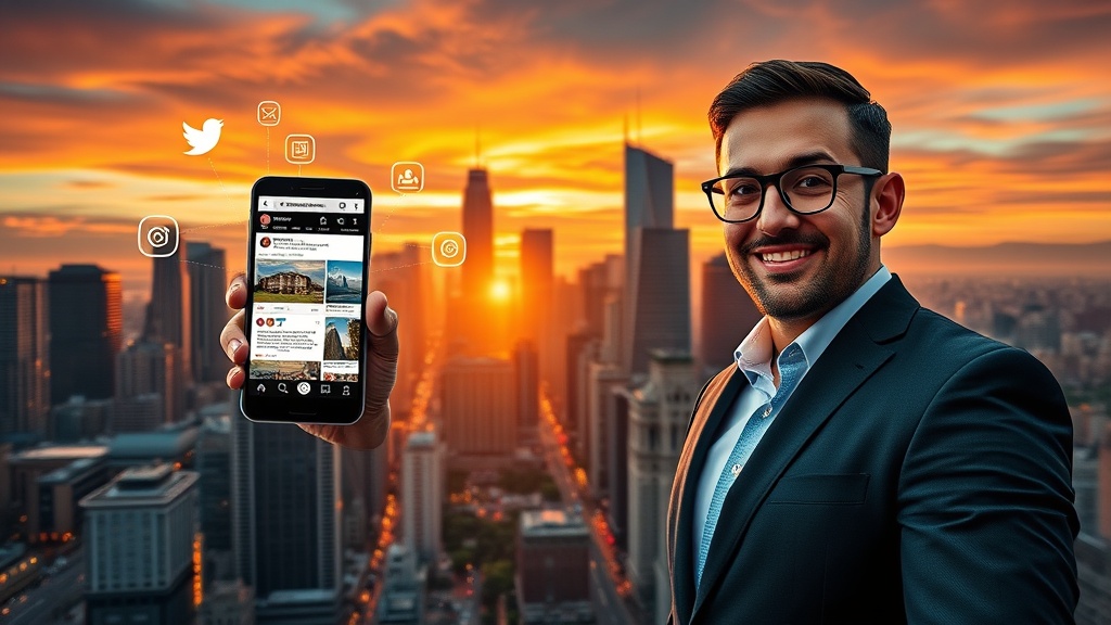 Create an ultra-realistic image depicting a vibrant city skyline at sunset, with towering skyscrapers and bustling streets. In the foreground, a confident real estate agent is holding a smartphone displaying an engaging social media post about real estate. The image should capture the essence of digital marketing with icons of social media platforms subtly integrated into the cityscape, symbolizing connectivity and growth. The overall mood should convey innovation, success, and the dynamic nature of the real estate market in the digital age.
