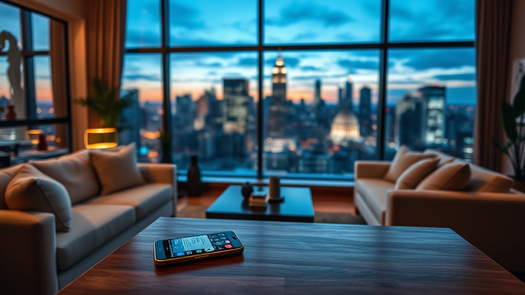Capture a modern, inviting living room with large windows showcasing a beautiful view of a vibrant cityscape at dusk. The room should have tasteful, contemporary decor with plush furniture and subtle, warm lighting. In the foreground, a smartphone is visible on a coffee table, displaying various social media platforms with notifications hinting at high engagement. The atmosphere should convey a sense of luxury and comfort, highlighting the connection between digital presence and real estate potential. Include subtle elements like house plants and art pieces that suggest a well-curated, stylish home, symbolizing the transformation social media can bring to property marketing.