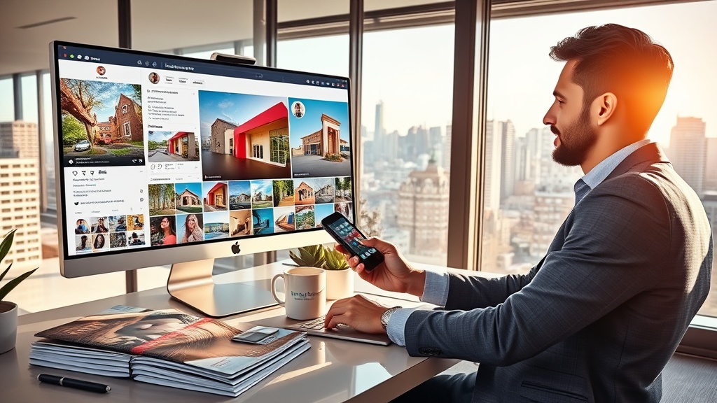 Create an ultra-realistic image showcasing a modern real estate agent using Instagram to market properties. The scene is a sleek, contemporary office setting with a large computer screen displaying an Instagram feed full of stunning property images. The agent, a professional in their 30s, is focused and dynamic, holding a smartphone and engaging with followers through comments and messages. The desk is organized with real estate magazines, brochures, and a branded coffee mug. Natural light streams through a large window, highlighting the vibrant cityscape outside, symbolizing the potential market reach. The mood is energetic and optimistic, capturing the essence of successful real estate marketing through social media.