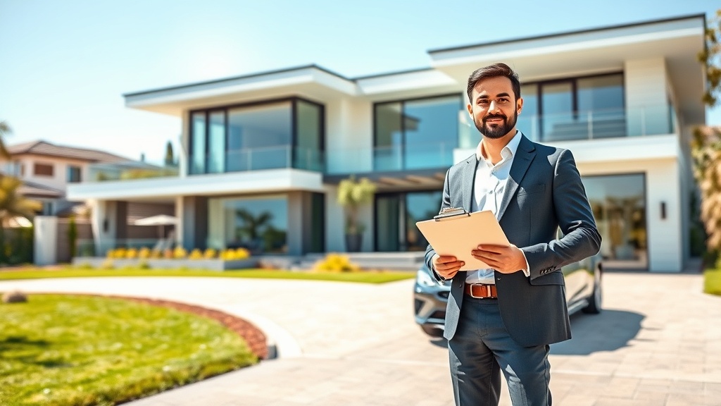 Create an ultra-realistic image depicting a successful real estate agent standing confidently in front of a luxurious, modern house. The agent is holding a clipboard with documents, symbolizing professionalism and expertise. The house features large glass windows, a well-manicured lawn, and a sleek car parked in the driveway. The setting is during a sunny day, with clear blue skies and vibrant greenery around, emphasizing a sense of achievement and growth in the real estate market.