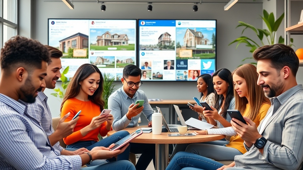 Create an ultra-realistic image depicting a lively, modern office setting where real estate professionals are engaging with social media platforms. The scene should include individuals of diverse ethnic backgrounds interacting with smartphones, tablets, and computers, showing various social media icons such as Facebook, Instagram, LinkedIn, and Twitter on their screens. In the background, large digital screens display real estate listings, virtual tours, and client testimonials. Include elements that suggest a bustling, innovative atmosphere, like greenery, sleek furniture, and state-of-the-art technology. The lighting should be bright and inviting, highlighting a sense of collaboration and connectivity in this digital workspace.