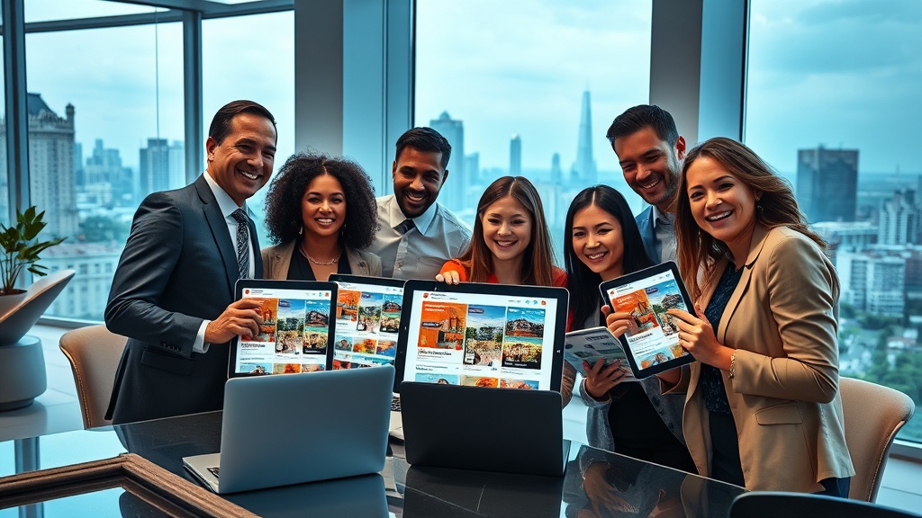 Create an ultra-realistic image depicting a busy real estate office with a modern feel. Showcase a diverse team of real estate agents collaborating enthusiastically over a digital marketing strategy. Include sleek laptops and tablets displaying vibrant social media platforms with property listings. In the background, large windows reveal a cityscape, symbolizing the broad market reach. The focus is on the agents` expressions, reflecting confidence and excitement. Use dynamic lighting to highlight the energetic atmosphere, emphasizing professionalism and innovation in real estate marketing.