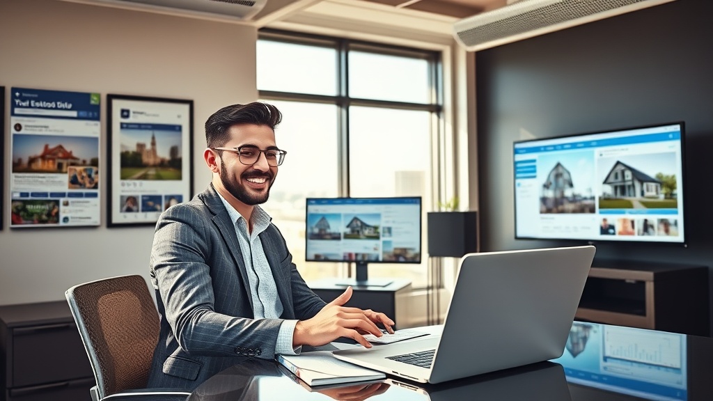 Create an ultra-realistic image depicting a dynamic real estate agent in a modern office setting, strategizing a social media campaign. The scene captures the agent surrounded by multiple screens displaying various social media platforms like Facebook, Instagram, and LinkedIn, showcasing posts related to real estate listings and success stories. Include an open laptop with analytics graphs and charts, suggesting data-driven decision-making. The office has a sophisticated, sleek design with motivational real estate-themed artwork on the walls. The agent, dressed in professional attire, is engaged and focused, symbolizing innovation and success in real estate through tailored social media strategies. Use natural lighting streaming in from a large window to highlight the agent’s confident and enthusiastic expression, making the environment feel vibrant and forward-thinking.