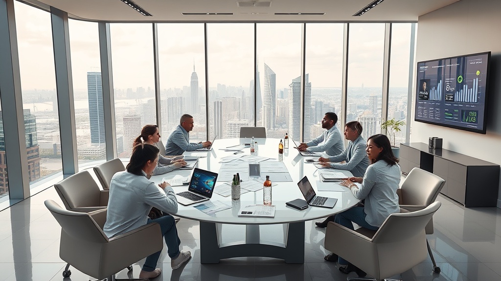 Create an ultra-realistic image showcasing a modern real estate office environment. Depict a sleek, contemporary office space with large floor-to-ceiling windows offering a panoramic view of a bustling city skyline. Include a diverse team of real estate professionals collaborating around a large, stylish conference table with laptops, tablets, and real estate documents. Ensure the room is filled with natural light, highlighting a minimalist yet sophisticated interior design featuring neutral tones and elegant decor. Add digital screens on the walls displaying interactive property listings and analytics. Capture the dynamic energy and innovation in the real estate industry, emphasizing professionalism, teamwork, and cutting-edge technology.