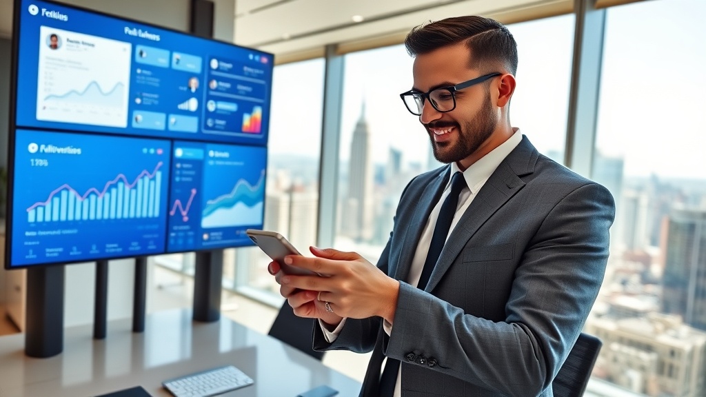 A successful real estate agent using a smartphone in a modern office, surrounded by digital screens displaying social media platforms and analytics. The screens show graphs and charts indicating growth in followers and engagement. The agent is dressed in professional attire, exuding confidence and authority. The office is sleek, with large windows offering a view of a bustling city skyline, symbolizing the vast opportunities in the real estate market. Bright natural lighting enhances the vibrant atmosphere, emphasizing success and innovation.