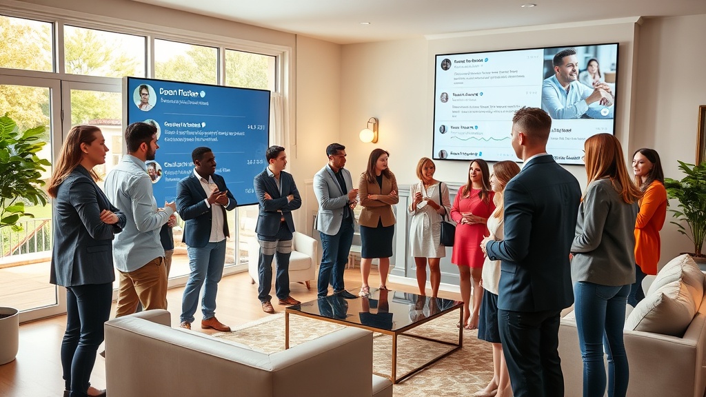 Create an ultra-realistic image of a vibrant open house event with a diverse group of potential buyers interacting with a real estate agent. The setting is a beautifully staged, modern home with large windows and elegant furnishings. In the background, a digital screen displays social media notifications and analytics, symbolizing the impact of social media marketing in real estate. The atmosphere is lively and inviting, showcasing the effectiveness of engaging online strategies in turning virtual interest into real-life visits.