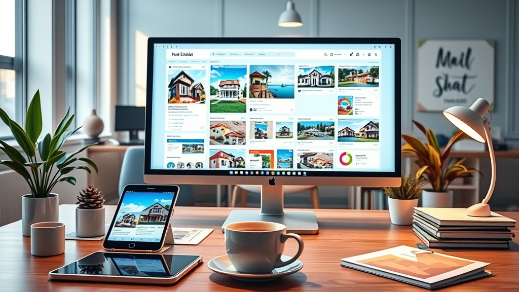 Create an ultra-realistic image of a vibrant and modern real estate office setting. The focus is on a large, sleek computer monitor displaying a dynamic social media dashboard filled with eye-catching posts featuring beautiful properties. Surround the monitor with various digital marketing tools such as a smartphone showing real estate apps, a tablet with analytics data, and a cup of coffee for a touch of everyday realism. The background should include a well-organized desk with property brochures and a stylish plant for a touch of greenery. The overall atmosphere is energetic and innovative, showcasing how strategic social media marketing captures the attention of potential homebuyers. The lighting is bright and inviting, suggesting a productive workspace where creativity thrives.