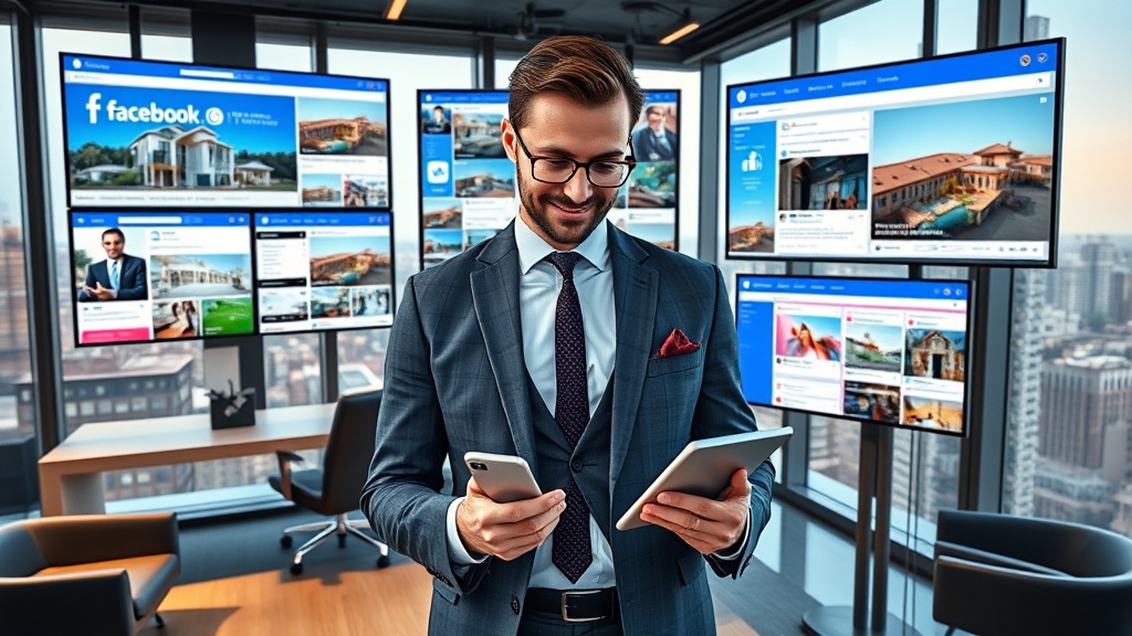 Create an ultra realistic image featuring a modern real estate agent in a stylish office, surrounded by multiple digital screens displaying various social media platforms like Facebook, Instagram, LinkedIn, and TikTok. Each screen should show dynamic real estate content such as property listings, virtual tours, and client interactions. The agent is actively engaging with the platforms, using a tablet and smartphone, showcasing the integration of technology in real estate marketing. The environment should convey a sense of professionalism and digital savviness, with sleek office decor and city views visible through large windows. The image should highlight the fusion of traditional real estate practices with cutting-edge social media strategies.