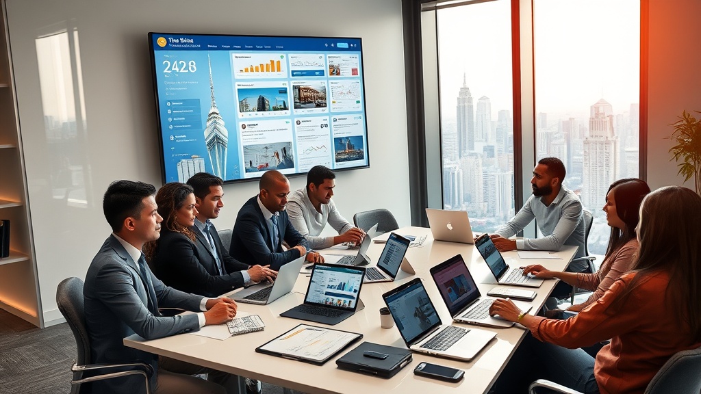 Create an ultra-realistic image of a modern real estate office, bustling with activity. In the foreground, a diverse group of professionals in smart casual attire are gathered around a sleek conference table, intensely discussing social media strategies. The table is covered with laptops, tablets, and smartphones displaying various social media platforms and analytics graphs. On the wall, a large digital screen showcases a live feed of social media interactions, real-time data, and real estate listings. In the background, there`s a large window offering a panoramic view of a vibrant cityscape, symbolizing growth and opportunity in the real estate market. The overall atmosphere is dynamic, innovative, and focused, capturing the essence of transforming a real estate business through expert social media marketing.