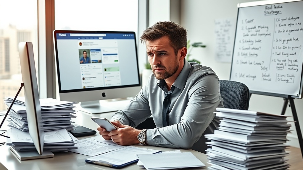 Create an ultra-realistic image depicting a frustrated real estate agent sitting at their desk, surrounded by stacks of paperwork, with a computer screen showing a Facebook page with low engagement numbers. The office should be modern and stylish, with a window view of a cityscape in the background. Include subtle details like a smartphone with notification alerts, a calendar marked with important dates, and a whiteboard with hastily scribbled social media strategies. Capture the agent`s expression of determination and concern, highlighting the blend of digital technology and traditional real estate tools.