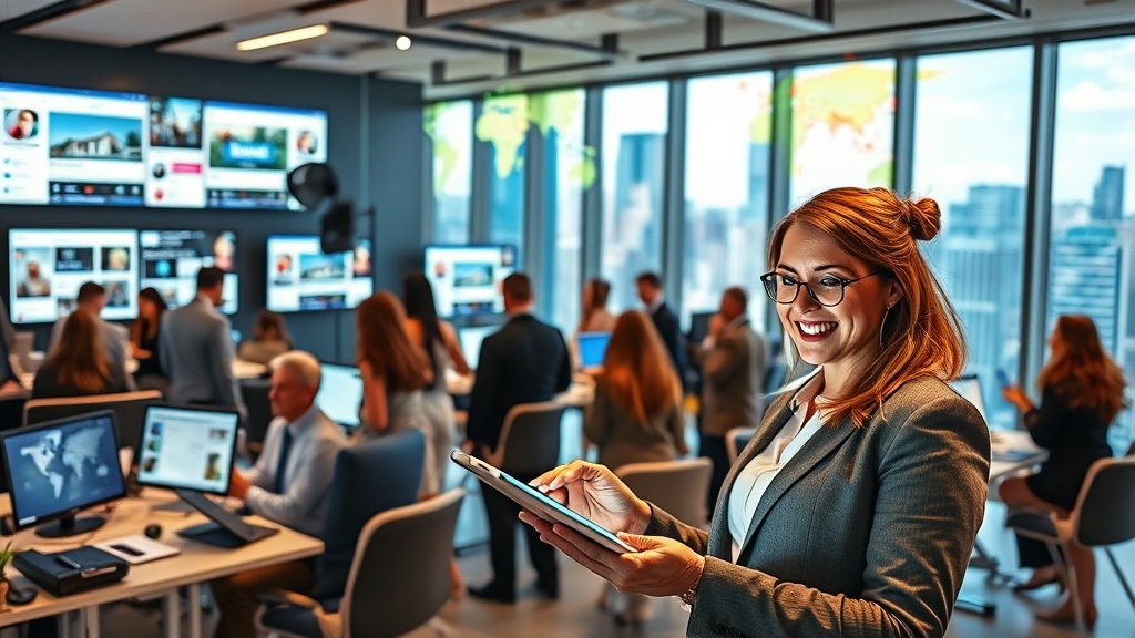 Create an image of a modern real estate office bustling with activity, showcasing a diverse team of professionals engaging with social media on various devices. The office is sleek and contemporary, filled with digital screens displaying vibrant social media interfaces like Facebook, Instagram, and LinkedIn, highlighting posts about properties, client interactions, and marketing strategies. In the foreground, a confident real estate agent is smiling as they review a successful social media campaign on a tablet, with a background view of a cityscape through large windows, symbolizing connection and reach. Incorporate elements like a large world map with pins, representing global reach, and a digital dashboard displaying analytics and engagement metrics. The atmosphere is dynamic, with a sense of innovation and modernity, emphasizing the transformative power of social media in real estate marketing.