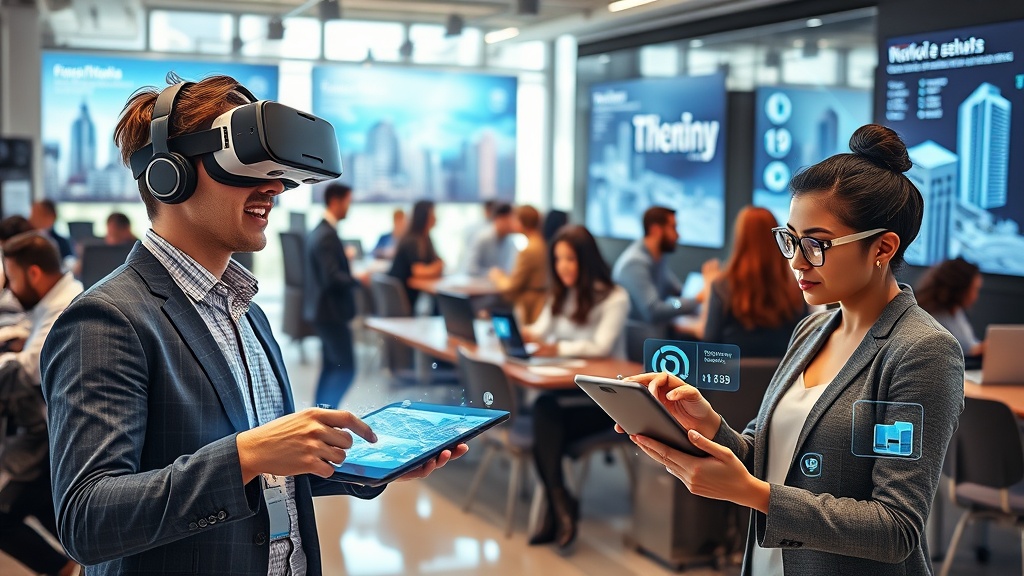 Create an ultra-realistic image depicting the future of real estate marketing by showcasing a modern office space filled with diverse professionals using cutting-edge technology. In the foreground, a young real estate agent is engaging with a virtual reality headset, exploring a 3D model of a property. Nearby, another agent is actively posting on social media platforms from a futuristic-looking tablet, with holographic interfaces displaying live analytics and engagement metrics. The backdrop features large screens displaying trending hashtags, virtual tours, and interactive maps highlighting property hotspots. Incorporate subtle elements like digital billboards and augmented reality glasses to emphasize the blend of technology and real estate. The atmosphere should be bright and inviting, symbolizing innovation and connectivity.