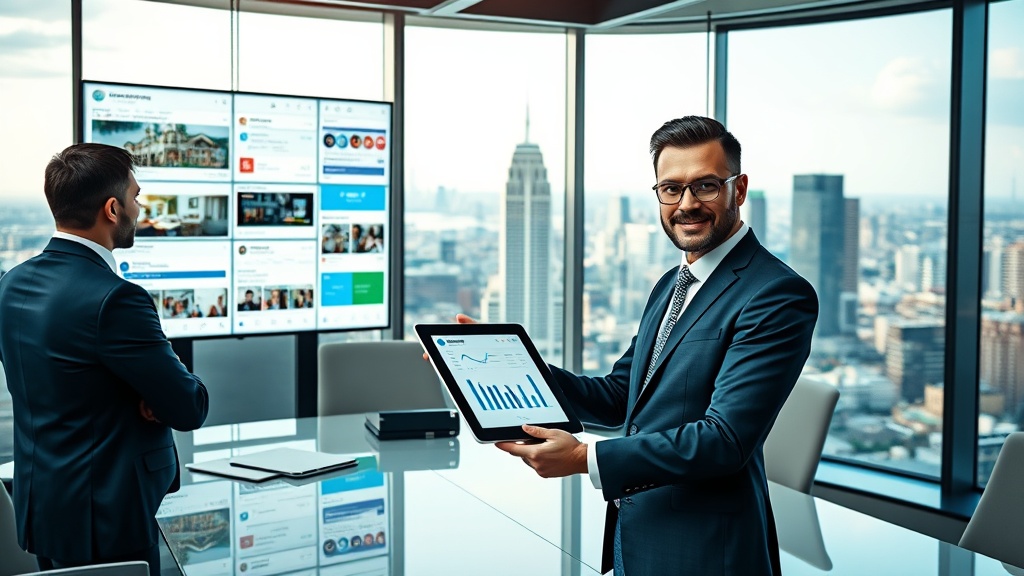 Create an ultra-realistic image of a sleek and modern real estate office with agents engaged in a strategy meeting. The office is equipped with large digital screens displaying various social media platforms like Instagram, Facebook, and Twitter, showcasing property listings and analytics dashboards. In the foreground, a confident real estate agent is presenting a digital tablet with graphs and charts, symbolizing innovative social media strategies. The background features a panoramic window view of a bustling city skyline, highlighting the urban real estate market. Lighting is bright and professional, emphasizing a sense of ambition and cutting-edge technology.