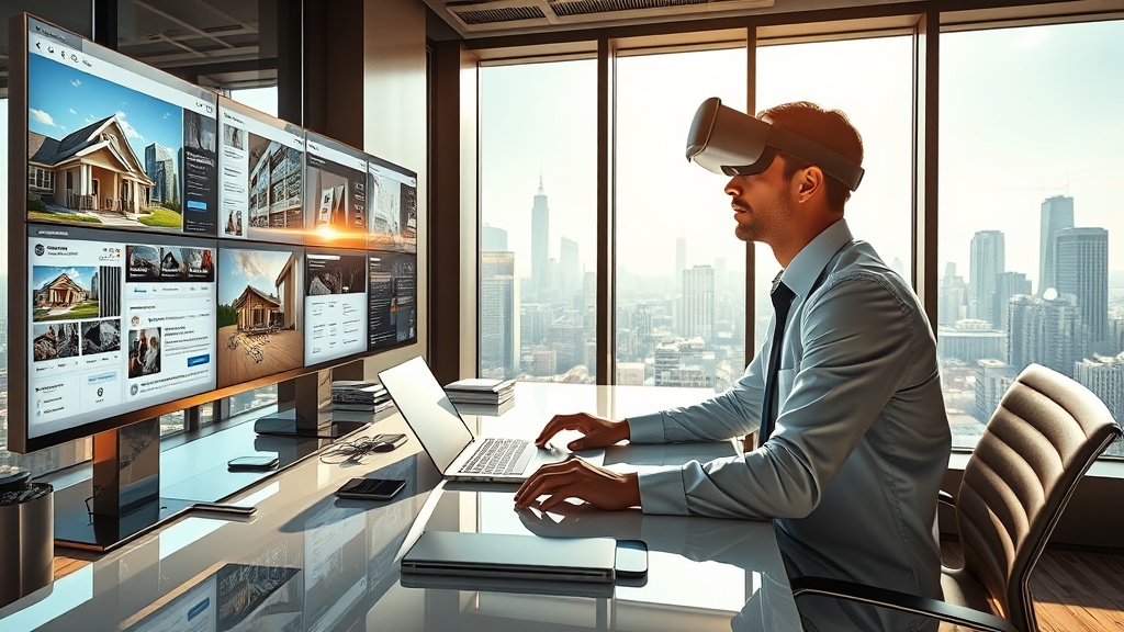 Create an ultra-realistic image of a modern real estate agent working at a sleek, high-tech desk in a sophisticated office setting. The agent is surrounded by multiple digital screens displaying various properties, analytics, and social media feeds. Include elements such as a laptop, smartphone, and virtual reality headset showcasing advanced technology use. The atmosphere should feel dynamic and innovative, reflecting the synergy between real estate and digital presence. Use natural lighting streaming through large windows, highlighting the city`s skyline in the background, to emphasize the urban setting.