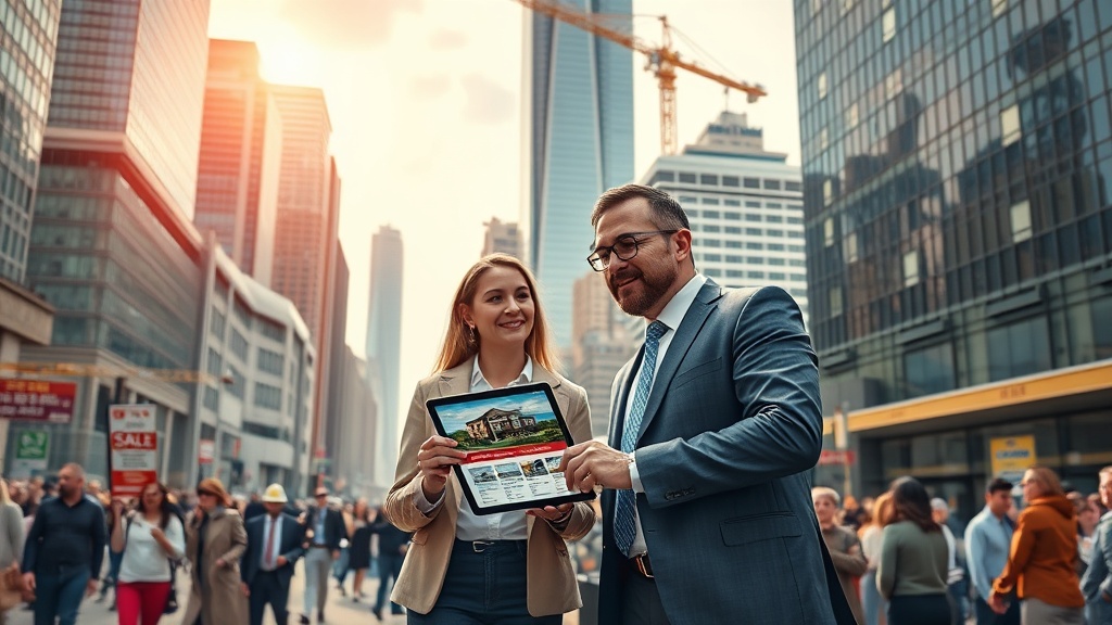 Create an ultra-realistic image depicting a dynamic urban setting, featuring modern skyscrapers and iconic architecture, bustling with activity. In the foreground, showcase a confident real estate agent in professional attire, engaging with enthusiastic clients. The agent holds a digital tablet displaying property listings, while clients attentively listen and ask questions. Surrounding them, various elements emphasize growth and success in real estate: for sale signs, construction cranes in the distance, and a diverse crowd of people, symbolizing potential buyers and investors. The atmosphere is vibrant and energetic, capturing the essence of thriving real estate business opportunities in a city landscape.
