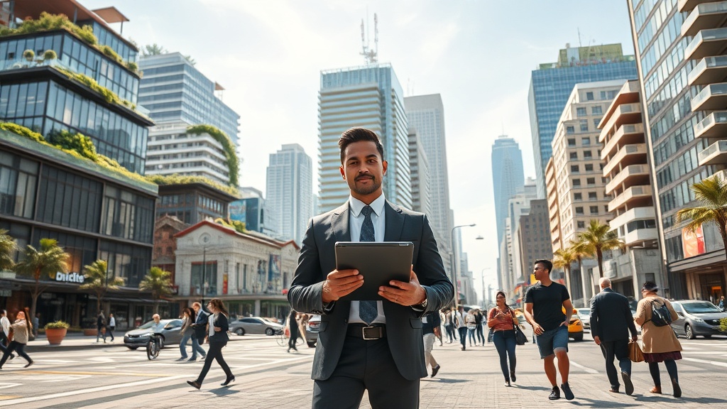 Create an ultra-realistic image that captures the essence of standing out in the competitive real estate market. The scene should depict a bustling urban environment with a variety of modern, architecturally distinctive buildings, each showcasing unique features like rooftop gardens, glass facades, and sustainable design elements. In the foreground, include a confident real estate agent in a tailored suit, holding a digital tablet displaying property listings, engaging with a diverse group of prospective buyers. The background should feature vibrant city life, with people walking, traffic flowing, and a bright, clear sky, symbolizing opportunity and growth. The overall atmosphere should convey innovation, ambition, and the dynamic nature of the real estate industry.