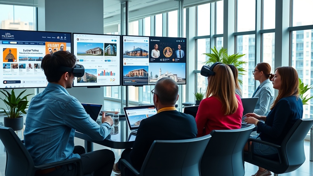 Create an ultra-realistic image depicting a modern real estate marketing team in a sleek, high-tech office. The team is engaged in a strategy meeting, surrounded by digital screens displaying various social media platforms. These screens showcase real estate listings, analytics graphs, and trending hashtags. The room is equipped with the latest VR technology, with a team member demonstrating a virtual tour of a luxury property using a VR headset. Include diverse team members of different ethnic backgrounds, collaborating with laptops and tablets in hand, conveying a sense of innovation and forward-thinking in real estate marketing. The office decor should be minimalistic yet modern, featuring elements like glass walls, indoor plants, and ergonomic furniture, emphasizing a future-driven work environment. Natural sunlight filters through large windows, casting dynamic shadows to enhance the realism of the scene.