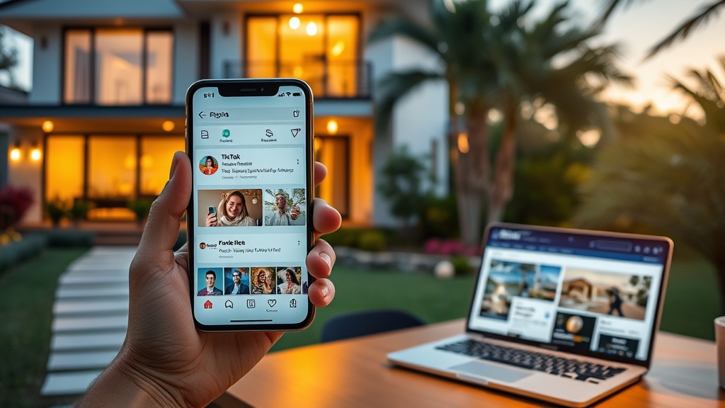 Create an ultra-realistic image that captures the essence of leveraging social media to enhance property value. Imagine a modern, stylish home with a vibrant garden, its facade elegantly lit. In the foreground, a smartphone is held by a person, displaying various popular social media platforms such as Instagram, Facebook, and TikTok, with notifications of likes and comments popping up. In the background, a laptop on a table shows a property listing site with high engagement numbers. The scene is set during the golden hour, with warm sunlight streaming in, highlighting the importance of a strong online presence in real estate marketing.