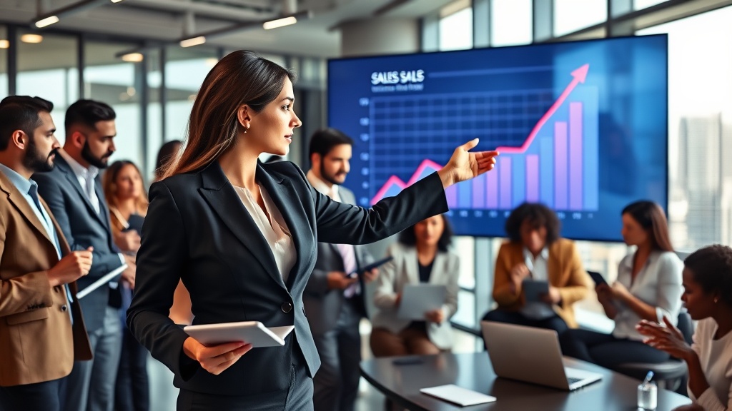 High-resolution image of a bustling modern office environment with diverse business professionals engaged in dynamic collaboration. In the foreground, a confident businesswoman in a sleek suit is pointing at a digital sales graph displayed on a large, interactive screen. The graph shows a sharp upward trend, symbolizing business growth. Surrounding her are team members of various ethnicities, taking notes, discussing strategies, and using laptops and tablets. The background features a large window with a cityscape view, symbolizing global reach. The setting should convey innovation, teamwork, and a focus on driving leads and sales.