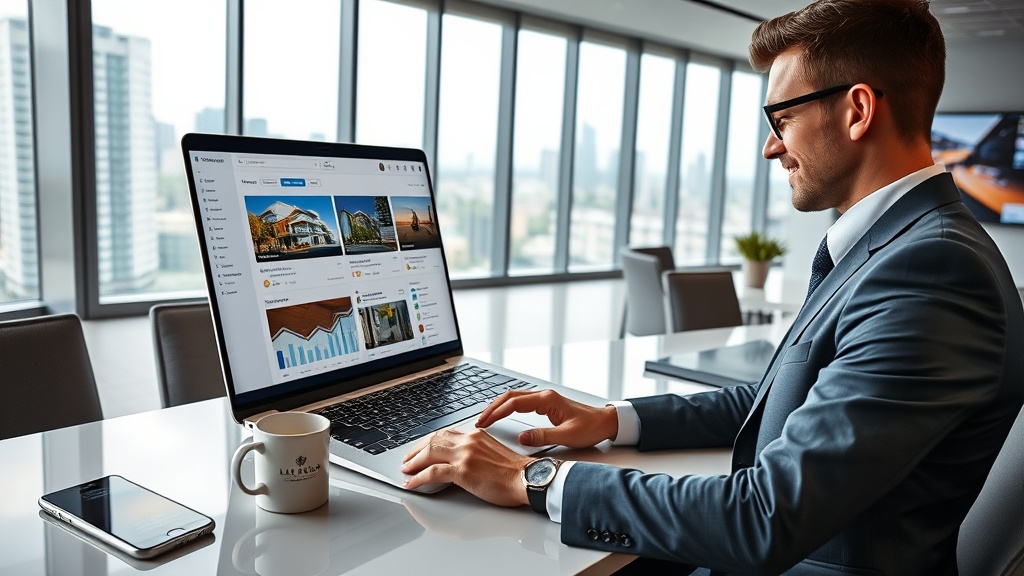 Create an ultra-realistic image showcasing a professional real estate agent confidently using a laptop in a modern office setting. The screen displays a dynamic social media dashboard with analytics, vibrant property images, and engagement metrics. The office is sleek and contemporary, with floor-to-ceiling windows offering a cityscape view. The agent is dressed in smart business attire, exuding confidence and expertise. Include subtle details like a smartphone on the desk with notifications of property listings, a branded coffee mug, and a wall-mounted screen showing a virtual tour of a luxury property. Capture the essence of technology and strategy in real estate marketing, emphasizing innovation and personalized service.