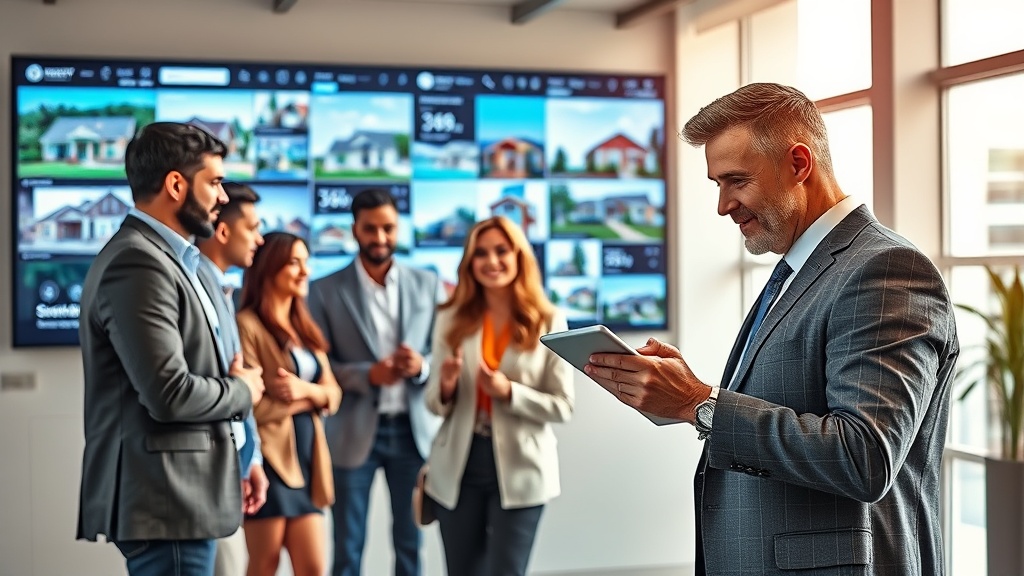 Create an ultra-realistic image of a modern real estate office setting. In the foreground, display a professional real estate agent confidently interacting with a diverse group of potential buyers, showcasing a digital presentation on a sleek tablet. The background should feature a large screen displaying social media platforms with vibrant property listings, highlighting a variety of homes. Include visual elements that emphasize speed and connectivity, such as dynamic arrows or digital networks. Capture the energy and excitement of a fast-paced real estate market, ensuring the scene is well-lit, crisp, and highly detailed, conveying professionalism and success in selling homes quickly through innovative marketing strategies.