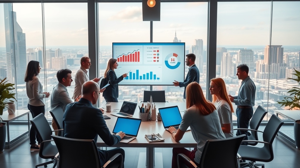 Create an ultra-realistic image of a dynamic real estate office environment buzzing with activity. The scene includes a diverse group of professionals engaged in different tasks: one team is strategizing over a digital marketing plan on a large interactive screen displaying graphs and social media icons, another is discussing leads and sales strategies around a conference table filled with laptops and tablets. In the background, a window view shows a bustling cityscape symbolizing potential market opportunities. The office should exude a modern, high-tech atmosphere with sleek furniture, large monitors, and ambient lighting that conveys a sense of innovation and success in the real estate industry.