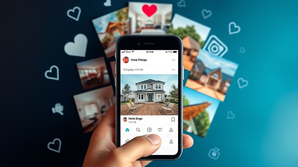 Create an ultra-realistic image of a smartphone displaying a real estate listing on a social media app. The screen shows a lackluster house photo with low engagement metrics like few likes and comments. Surrounding the phone, include various vibrant and eye-catching real estate images such as a beautifully staged living room, a modern kitchen, and a picturesque exterior. The background features a subtle blend of social media icons and digital engagement symbols like hearts and thumbs up. The focus is on the contrast between the dull listing on the phone and the captivating visuals around it, emphasizing the impact of quality imagery on social media engagement.