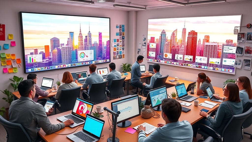 Create an ultra-realistic image depicting a dynamic and bustling digital marketing office space. Show a diverse team of young professionals actively engaged in creating and managing social media campaigns on multiple devices like laptops, tablets, and smartphones. Include screens displaying vibrant graphs and analytics, indicating successful engagement metrics. Illustrate a large digital screen on one wall showcasing a city skyline with various property listings popping up, symbolizing increased visibility. Add elements of creativity such as colorful sticky notes, mood boards, and coffee cups scattered around, reflecting the energetic atmosphere of a modern marketing environment. Capture the essence of innovation, teamwork, and the impact of social media on expanding property reach.