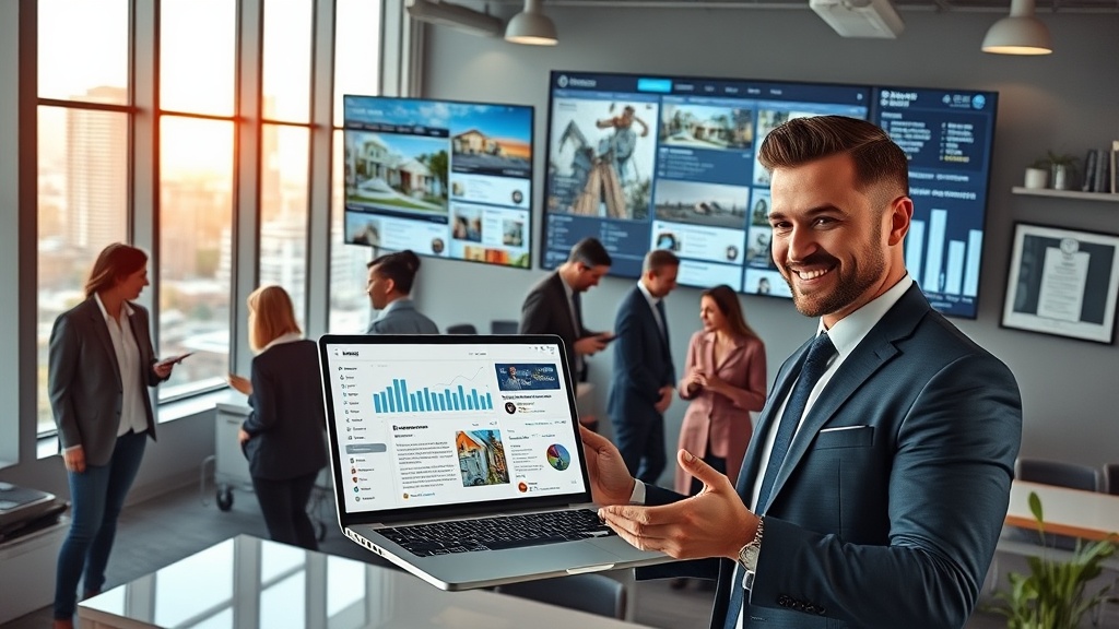 Create an ultra-realistic image of a dynamic real estate office bustling with activity. In the foreground, a confident real estate agent is engaging with a laptop, showing an impressive social media dashboard filled with analytics, engagement metrics, and eye-catching property listings. The background features a modern office space with other agents collaborating, some using smartphones and tablets, others having discussions. Prominently displayed on a wall is a large, digital screen showcasing trending properties and client interactions from various social media platforms. The office environment is sleek and contemporary, reflecting a high-tech, innovative atmosphere. Through the windows, a vibrant city skyline is visible, symbolizing the vast market and opportunities ahead.