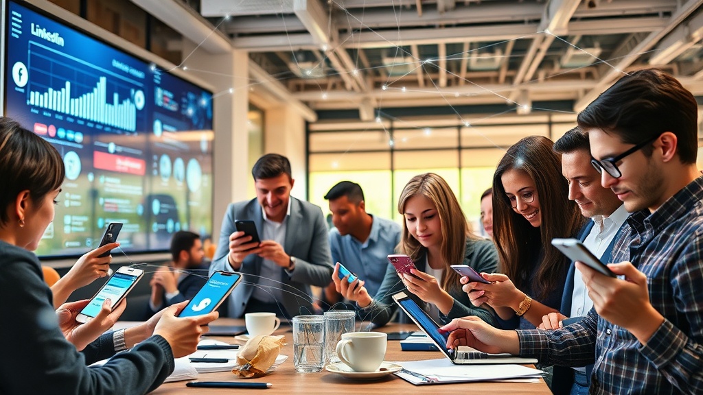 Create an ultra-realistic image that captures the essence of maximizing exposure and engagement through tailored social media solutions. The scene should be dynamic and vibrant, featuring a diverse group of people of different ages and ethnicities actively engaging with various digital devices like smartphones, tablets, and laptops. Each person is interacting with different social media platforms, such as Instagram, Twitter, LinkedIn, and Facebook, depicted by recognizable icons and logos subtly integrated into the devices` screens. The background should feature a modern, open-space office environment with sleek design elements like large screens displaying social media analytics, graphs, and trend charts. The lighting should be bright and inviting, highlighting the enthusiasm and interconnectedness of the digital world. Emphasize the theme of connectivity by incorporating digital network lines subtly weaving in and out of the scene, symbolizing data flow and engagement. Include elements like coffee cups, notepads, and pens to add realism and context to the workplace setting.