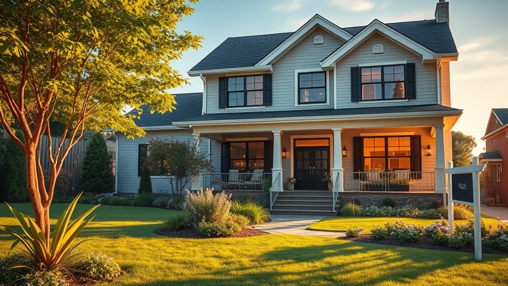 Create an ultra realistic image of a beautifully renovated home with lush landscaping and a stunning garden. The house should have modern architectural elements, large windows, and an inviting front porch. Capture a serene ambiance with warm natural lighting, highlighting the potential and charm of the property. Include subtle details like a `For Sale` sign in the yard, indicating the opportunity for new beginnings. The overall scene should evoke a sense of aspiration and transformation, illustrating the limitless possibilities of property enhancement.