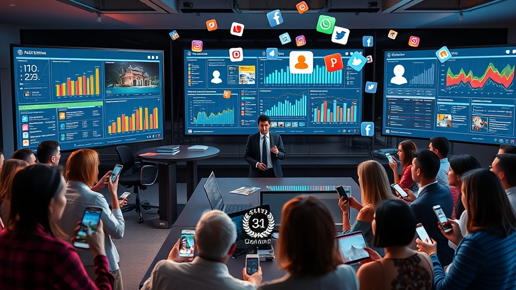 Create an ultra-realistic image showcasing a dynamic real estate agent engaging with potential buyers through multiple social media platforms. The scene depicts the agent in a modern, sleek office with large screens displaying vibrant social media dashboards and analytics. The room is filled with digital elements, such as floating icons of popular social media platforms like Facebook, Instagram, and Twitter. Include a diverse group of people interacting with their smartphones, tablets, and laptops, symbolizing online engagement and connection. The overall atmosphere is energetic and professional, highlighting the impact of expert social media marketing on boosting property sales.