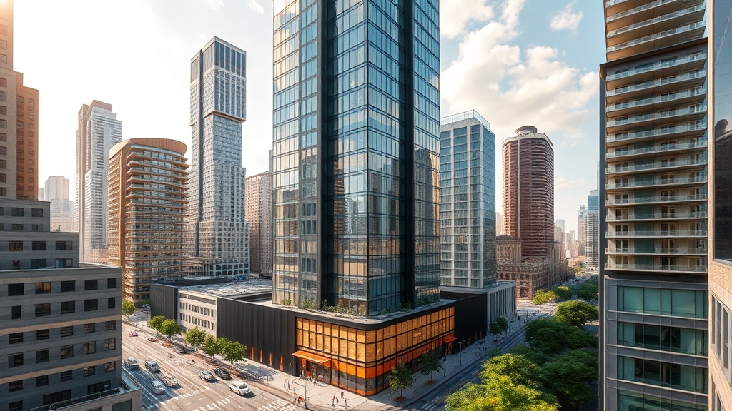 Create an ultra-realistic image capturing the essence of standing out in a competitive real estate market. The scene should be a bustling cityscape showcasing high-rise buildings, with one uniquely designed, modern skyscraper that draws the viewer`s attention. The building should have sleek, innovative architecture, with a vibrant and inviting exterior. Surrounding it, depict other conventional buildings to highlight its distinctiveness. Add elements of urban life, such as people walking, cars passing by, and lush green spaces. The lighting should be dynamic, with sunlight reflecting off the glass surfaces, creating a sense of energy and movement. This image should convey a sense of innovation and uniqueness in real estate.