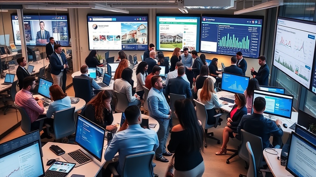 A bustling real estate office filled with modern technology, where agents are actively engaging with clients. In the background, large screens display vibrant social media dashboards with analytics, property listings, and client interactions. The office has a sleek, contemporary design with glass walls, ergonomic furniture, and digital devices, showing the seamless integration of social media marketing into real estate operations. The agents, diverse and professionally dressed, are collaborating, showcasing a dynamic and innovative business environment. The setting is illuminated with natural light, creating an inviting and energetic atmosphere.