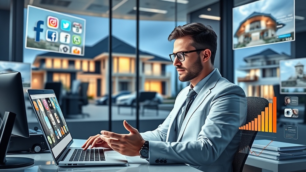 Create an ultra-realistic image depicting a modern real estate agent in a sleek office setting, surrounded by digital marketing tools. The agent is actively engaging with various social media platforms on multiple screens, showcasing a dynamic and professional online presence. Include digital representations of popular social media logos like Facebook, Instagram, and Twitter, along with graphs and charts indicating growth and engagement. The background should subtly feature luxurious real estate properties, hinting at success and reach. The atmosphere should be vibrant and futuristic, illustrating the powerful impact of expert social media marketing on boosting real estate sales.