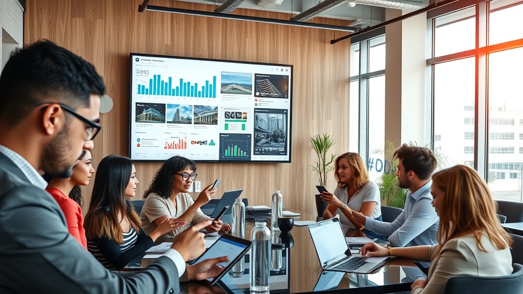 Create an ultra-realistic image of a modern, stylish office space where a diverse group of real estate professionals are actively engaging with social media platforms on various devices. Include a large digital screen displaying real estate analytics and social media feeds. Showcase a mix of smartphones, tablets, and laptops with open apps like Instagram, Facebook, and LinkedIn. Emphasize a collaborative atmosphere with people sharing ideas, pointing at screens, and discussing strategies. Add subtle branding elements like real estate logos and hashtags. Use natural lighting to highlight the vibrant and dynamic environment, capturing the essence of innovation in the real estate industry.