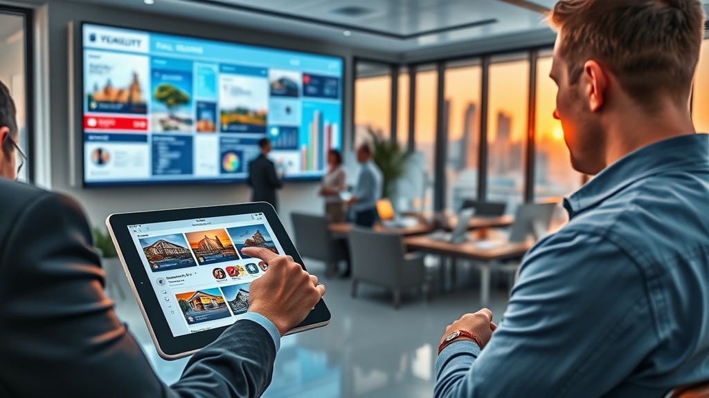 Create an ultra-realistic image of a modern real estate office bustling with activity. The foreground features a real estate agent using a high-tech tablet displaying a vibrant social media dashboard. The background shows a large digital screen showcasing dynamic property listings with tags like `Sold` and `New Listing.` The office is filled with sleek furniture, and a team collaborates over a strategy board filled with graphs and charts. Outside the window, a city skyline is visible, symbolizing growth and opportunity. The overall atmosphere is energetic and innovative, capturing the essence of leveraging social media for real estate success.