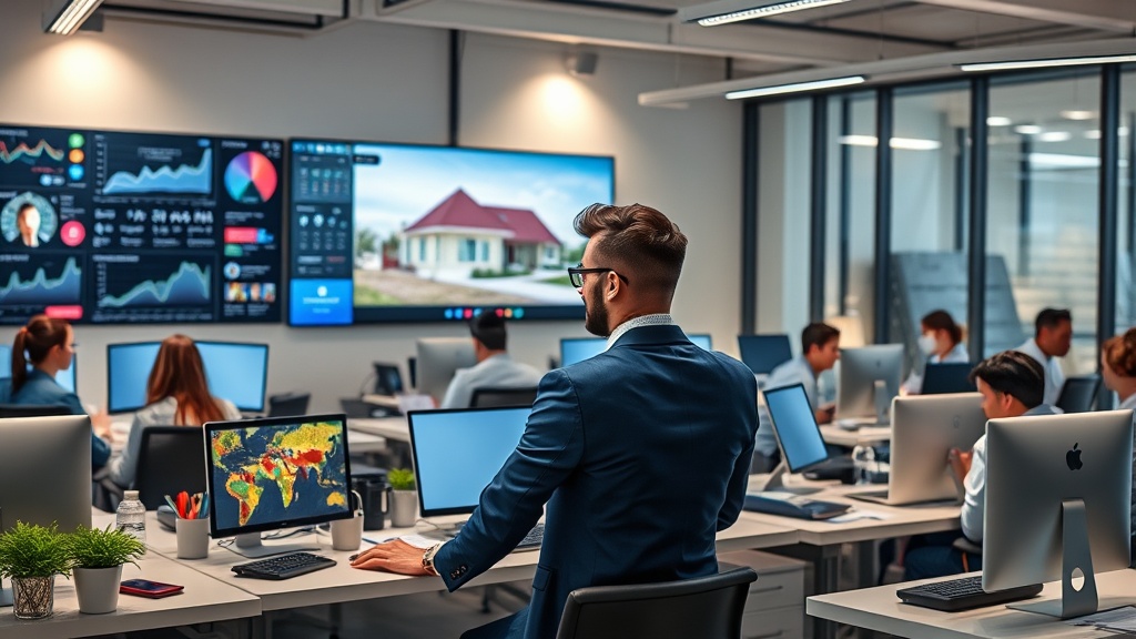 Create an ultra-realistic image depicting a thriving real estate business boosted by social media marketing. Visualize a bustling real estate office, modern and sleek, with agents interacting enthusiastically at desks surrounded by digital tools. Include large screens displaying analytics, graphs, and social media platforms. Highlight a central figure, a confident real estate agent, engaged in a video call with clients on a large monitor, showcasing a virtual property tour. Integrate elements like social media icons subtly into the decor, symbolizing connectivity and growth. Use bright, inviting lighting to emphasize a professional yet dynamic atmosphere, conveying success and innovation in the real estate industry.