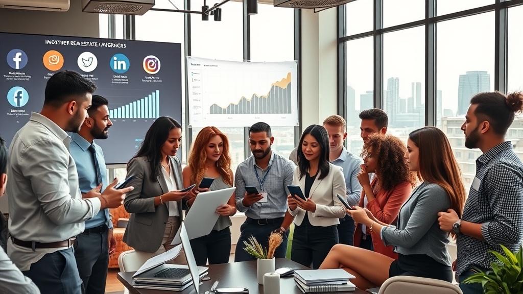 A dynamic image showcasing a diverse group of real estate professionals collaborating in a modern, tech-savvy office environment. The scene is filled with various digital devices displaying popular social media platforms like Instagram, Facebook, and LinkedIn. The room has a large digital screen showing analytics and graphs, emphasizing growth and engagement. The professionals, dressed in smart-casual attire, are engaged in discussions and brainstorming, with a focus on innovation and branding. Natural light pours in through large windows, highlighting a vibrant and energetic atmosphere. Details such as branded real estate materials, stylish decor, and a city skyline in the background reinforce a sense of modernity and success in the real estate industry.