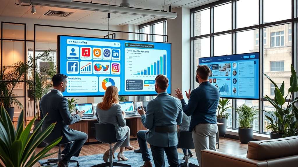 Create an ultra-realistic image showcasing a bustling real estate office with agents collaborating over a digital marketing strategy on large screens. Display various social media icons like Facebook, Instagram, and LinkedIn popping up on the screens, along with graphs and analytics. The office should have a modern aesthetic with sleek furniture, indoor plants, and large windows allowing natural light to flood the space. Capture the agents in dynamic poses, gesturing and discussing, conveying a sense of teamwork and innovation. The image should have vibrant colors to emphasize energy and growth in the real estate market through social media marketing.