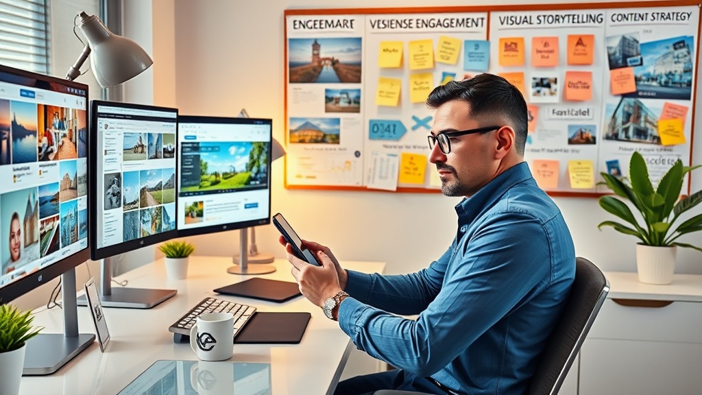 Create an ultra-realistic image that captures a dynamic scene of a social media strategist sitting at a modern desk, surrounded by multiple screens displaying various social media platforms. The screens should show vibrant, engaging real estate content, like eye-catching property images and interactive infographics. The strategist should be holding a smartphone, with a focused expression, analyzing engagement metrics. In the background, a vision board filled with successful real estate campaign ideas and sticky notes highlighting key phrases such as `Audience Engagement,` `Visual Storytelling,` and `Content Strategy` should be visible. The setting should reflect a contemporary, professional atmosphere, with elements like a stylish desk lamp, potted plant, and branded coffee mug adding to the realism.