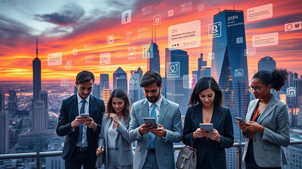 Create an ultra-realistic image of a vibrant, modern city skyline at sunset with a diverse group of real estate agents engaging with clients through various social media platforms. The scene should depict agents using smartphones and tablets, with holographic projections of social media icons like Facebook, Instagram, and LinkedIn floating around them. Include visual elements such as high-rise buildings, digital analytics graphs, and client testimonials displayed in the air. Ensure the agents are dressed in professional attire, showcasing a dynamic and innovative real estate brand leveraging technology to connect with clients. The atmosphere should be bustling yet sophisticated, reflecting a successful integration of social media in the real estate industry.