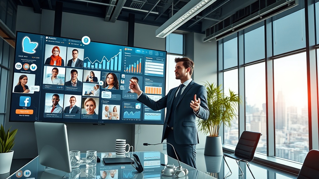 Create an ultra-realistic image depicting a modern real estate agent in a sleek, high-tech office, surrounded by various digital tools and social media icons. The agent, a confident and professional individual, is engaging with a large screen displaying dynamic graphs, charts, and social media feeds. There`s a sense of motion in the room, indicating active engagement with potential clients. The setting is bright and contemporary, with large windows showing a cityscape outside, symbolizing urban success. Include diverse people on the screens, representing potential buyers interacting with property listings. The overall atmosphere should convey innovation, connectivity, and success in the real estate industry through effective use of social media tools.