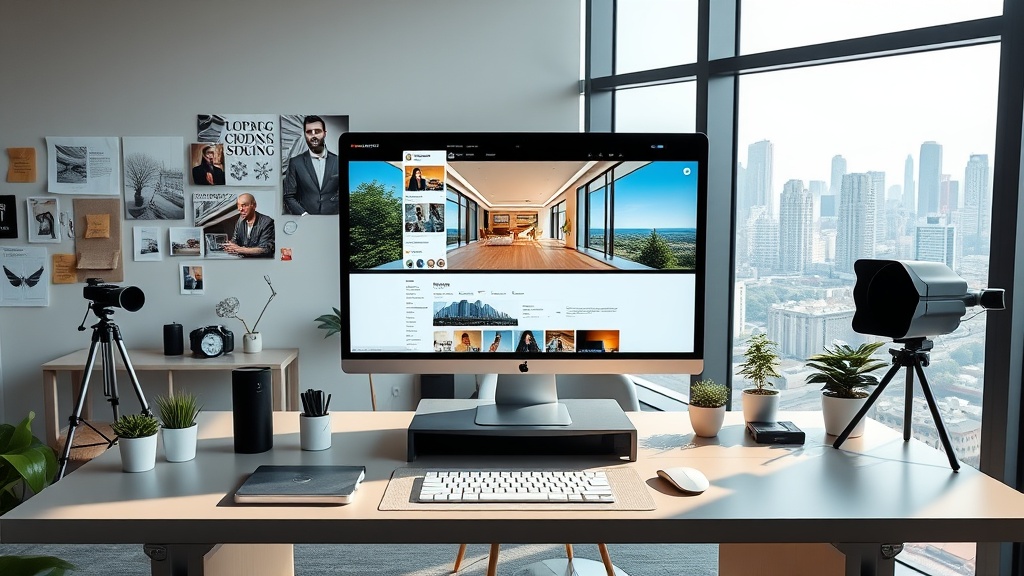 Create an ultra-realistic image of a modern real estate agent`s office, with a sleek desk setup featuring a high-end computer displaying a vibrant Instagram feed filled with eye-catching real estate listings. Include a luxurious property image on the screen, showcasing a beautifully staged living room with large windows, natural light, and contemporary furnishings. Surround the workspace with elements that suggest creativity and innovation, such as mood boards, potted plants, and photography equipment. In the background, through a large window, show a glimpse of a bustling cityscape to emphasize the dynamic nature of real estate marketing.