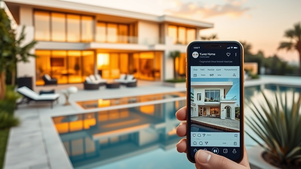 Create an ultra-realistic image featuring a luxurious modern home with large, inviting windows and a beautifully landscaped garden. The house should be bathed in warm, golden-hour sunlight, emphasizing its architectural details. Include a stylish outdoor seating area with elegant furniture and a sparkling swimming pool. In the foreground, capture a smartphone with the home displayed on a social media platform, highlighting vibrant engagement metrics, such as likes and comments. Ensure the image conveys a sense of aspiration and sophistication, drawing viewers into the scene.