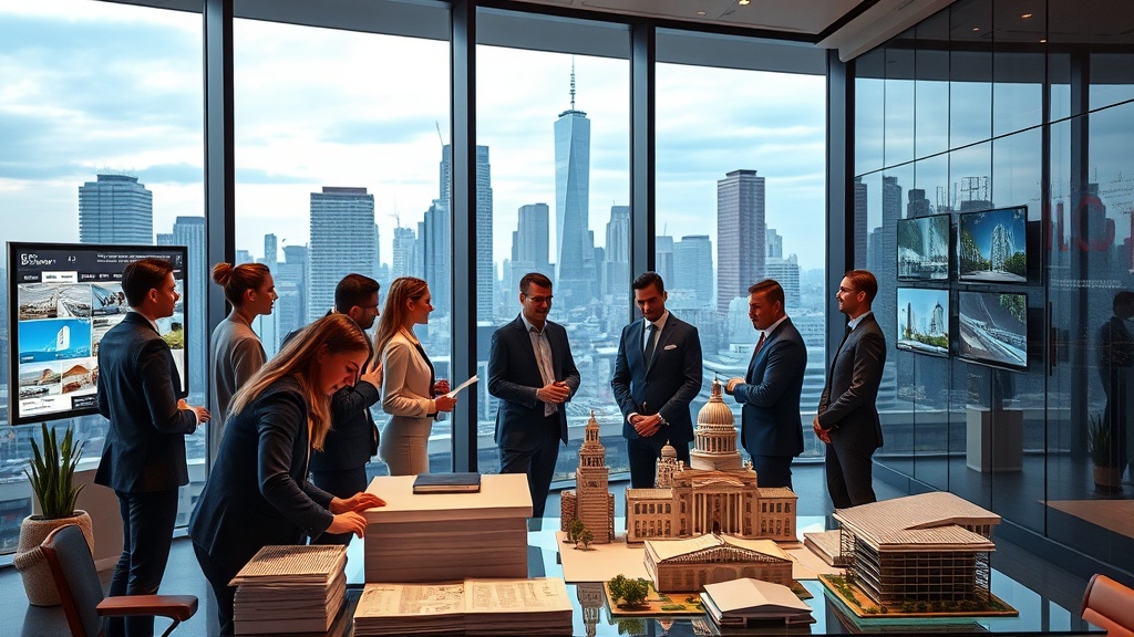 Create a hyper-realistic image of a modern real estate office with a city skyline view through large glass windows. The office is sleek and sophisticated, with state-of-the-art technology including interactive digital screens displaying property listings. In the foreground, a diverse team of real estate agents is engaged in a strategic meeting, surrounded by architectural models and blueprints. The ambiance is professional yet inviting, with warm lighting and stylish decor that reflects success and innovation in the real estate industry.