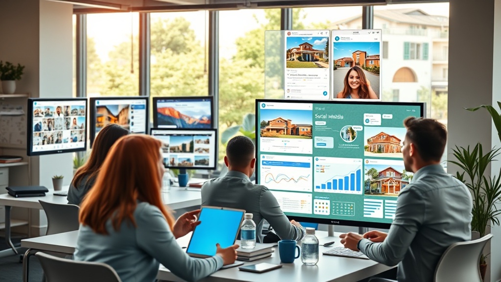 Create an ultra-realistic image of a modern real estate office, showcasing dynamic social media strategies. The scene includes a stylish workspace with sleek computers displaying various social media platforms like Instagram, Facebook, and LinkedIn, each with vibrant real estate content. In the foreground, a diverse group of professionals is engaged in a brainstorming session, with digital assets like graphs and property listings projected on a smart board. Natural light floods the room, highlighting the energetic and collaborative atmosphere, emphasizing innovation and connectivity in real estate marketing.