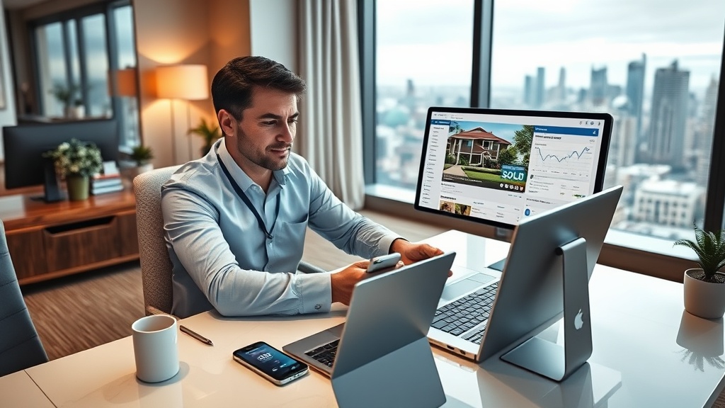 Create an ultra-realistic image that captures the essence of Facebook advertising for real estate agents. The image should feature a professional real estate agent sitting at a modern desk, surrounded by high-tech gadgets like a laptop and smartphone displaying Facebook ads. The backdrop should include a digital interface with graphs and analytics, showcasing successful ad campaigns. Include elements like a property listing on the screen, a `Sold` sign, and virtual tours to convey the idea of innovative marketing strategies. The setting should exude a sense of professionalism, with subtle touches like a stylish office space, elegant decor, and a city skyline visible through the window, hinting at a thriving real estate market.