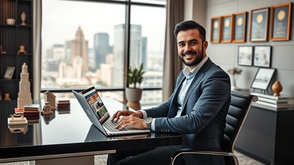 Create an ultra-realistic image depicting a dynamic real estate agent in a modern office setting. The agent is sitting at a sleek desk, surrounded by cutting-edge technology like a high-end laptop and smartphone. On the laptop screen, various social media platforms are open, showcasing vibrant real estate listings and engaging posts. The office is stylishly decorated, with a large window offering a view of a bustling cityscape. The agent appears confident and focused, exuding professionalism and energy. The background features subtle elements that suggest success in real estate, such as architectural models and a wall adorned with framed sales awards.