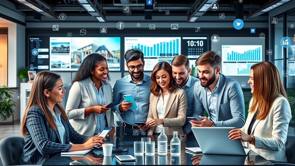 Create an ultra-realistic image of a young, diverse group of professionals collaborating in a modern office setting. They are surrounded by social media icons, graphs, and branding elements, reflecting a successful real estate business strategy. The atmosphere is vibrant and dynamic, with digital screens showcasing property listings and engaging social media content. Include elements like smartphones, tablets, and laptops displaying social media feeds and analytics, emphasizing a tech-savvy approach. The image should convey a sense of creativity, teamwork, and innovation, highlighting the essence of building a strong real estate brand through social media platforms.
